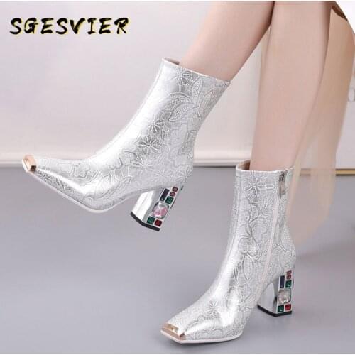 Sgesvier 2020 Large size 34-48 fashion ankle boots high heels square toe ladies shoes winter sliver color women boots