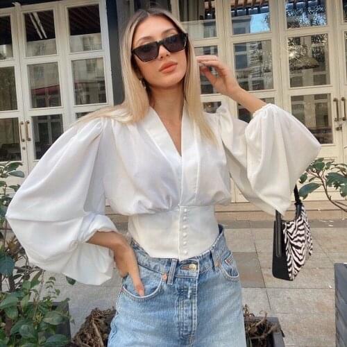 Womens Shirt Closed-In Waist Top Lantern Sleeve V-Neck Short Shirt Summer New Pleated Single-Breasted Cardigan Black And White