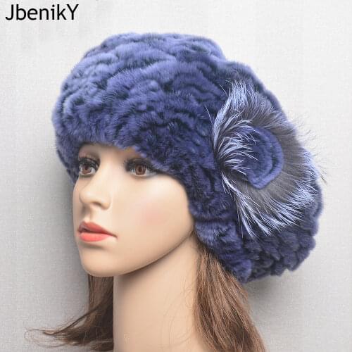 Women Winter Warm Rex Rabbit Fur Hats 100% Real Rex Rabbit Fur Cap New Lady Beret Caps Knitted Real Rex Rabbit Fur Beanies Hat