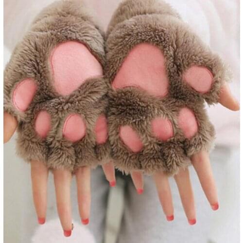 Ladies Cute Cat Claw Plush Gloves Pink Gloves Warm Soft Plush Short Fingerless Fluffy Panda Gloves Clothing Semi-assigned Pair