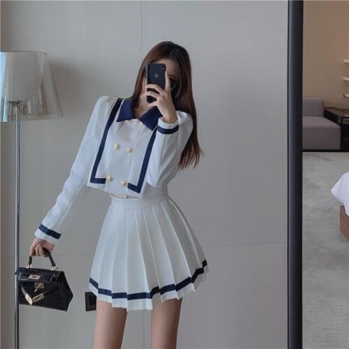 2020 New Preppy Style Two-Piece Set Spring Short Coat Jacket+High Waist Pleated Skirt Women Elegant Temperament Chic Women Suit