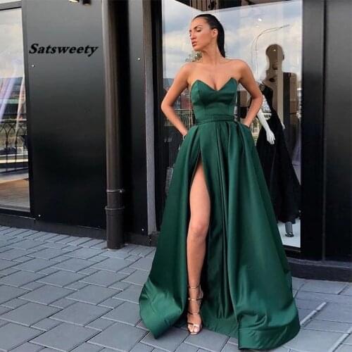 Simple Sweetheart Vestidos De Graduacion Dark Green Front Split Sexy Vestido Formatura Long Horsehair Hem Formal Prom Dresses