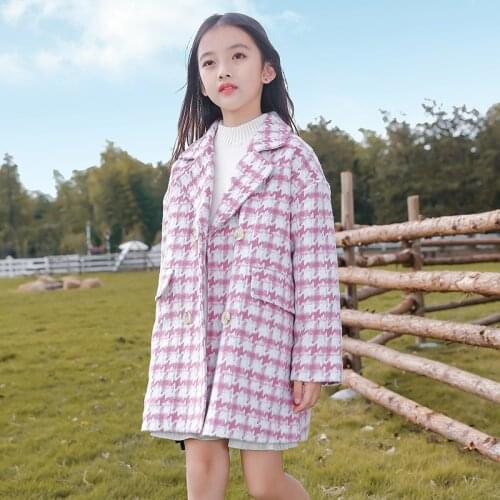 Wool Blends Coat For Girl 2021 Autumn New Trench Jacket Fashion Houndstooth Plus Cotton Warm Turn Collar ChildrenS Outerwear