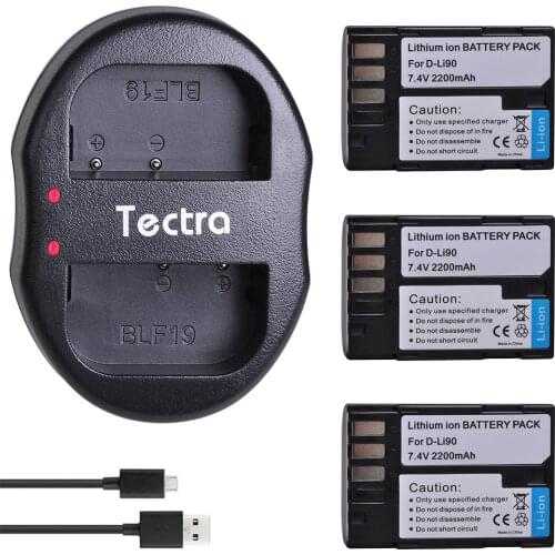 Tectra 2200mAh 3PCS D-Li90 D Li90 Digital Camera Battery for PENTAX K-7 K-7D K-5 K-5 II 645D K01 DLi90 Battery+USB Dual Charger