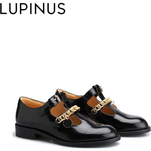 LUPINUS Fashion Gold Chain Women Mary Jane Shoe Retro Patent Leather Buckle Women Loafers Casual Round Toe Women Single Shoe