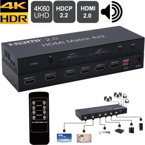 HDMI-compatible 2.0 Matrix 4X2 with toslink audio extractor splitter switcher 4 in 2 out 4K 60Hz HDCP 2.2 with EDID&IR control