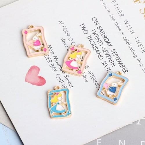 10pcs 21x13mm Metal gold diy playing card Square Alice Girl Rabbit charms for bracelet/earring/necklace pendants jewelry making