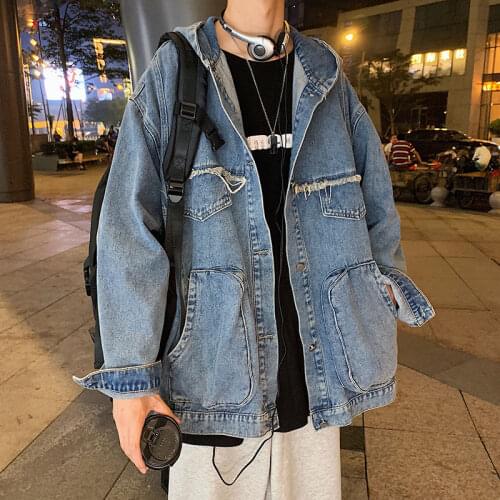 2020 Mens New Bat Sleeve Coats Pocket Decorate Hooded Denim Bomer Jacket Fashion Trend Blue/black Color Casual Outerwear M-2XL