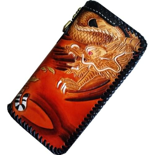 Master Works Genuine Leather Wallets Carving Dragon Tiger Purses Men Long Clutch Vegetable Tanned Leather Wallet Card Holder