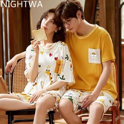 NIGHTWA Summer Couple Pajamas 2021 Summer Plaid Plus Size Men Women Sleepwear Cute Cartoon Pijamas Nightie Girl Cotton Home Wear