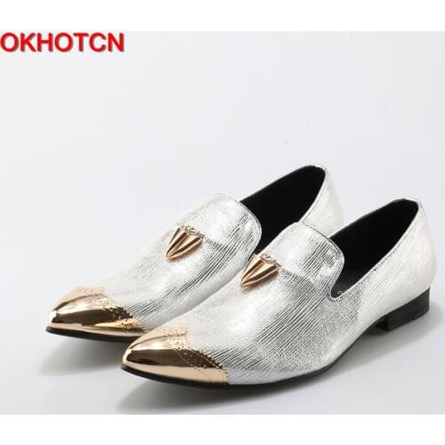 OKHOTCN 2018 New Pointed Toe Flats Men Shoes bright Sheepskin shoes with front and back Metal Weeding and prom men loafers