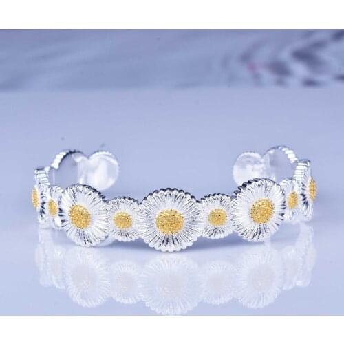 925 Silver Open Bracelet Fashion Cute Sunflower Design Two Color Flower Romantic Jewelry For Women Cocktail Party Statement Gif