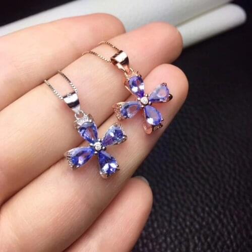Natural blue tanzanite gem Lovely Lucky Clover Necklace Pendant natural gemstone pendant S925 silver women girl party jewelry