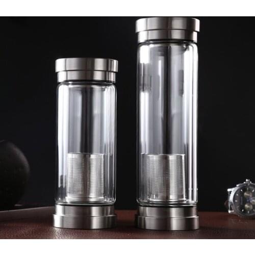 Glass Two Lids Water Bottle, 300-400ml Brief Glass Tea Cup With Infuser for travel, Applicable Double Walled Glass Bottle