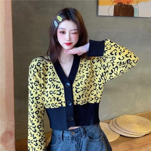 Leopard print sweater V-neck knitted cardigan short womens 2020 early autumn new all-match temperament jacket