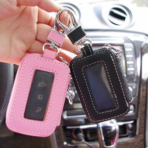 Universal Car Leather Key Case Black Pink Transparent Button Visible Zipper Key Shell Chain Key Protector Cover Accessories