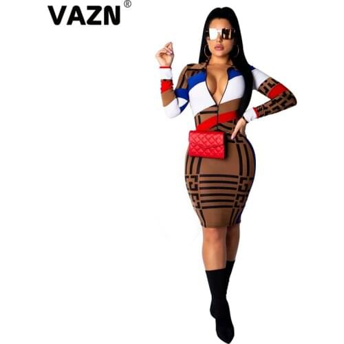 VAZN GSD19101 Autumn Silm 3colors Print Zippers Casual Dress 2019 New Design Long Sleeve dress Women Dress