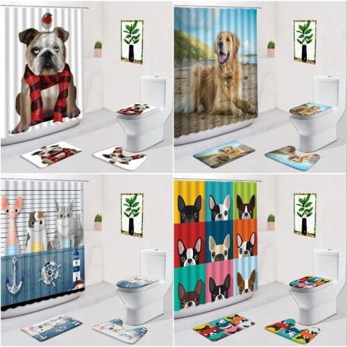 Funny Cute Animal Shower curtain 4Pcs Set Bulldog Cartoon Dog Pattern Flannel Anti-Slip Carpet Bath Mats Toilet Bathroom Rugs