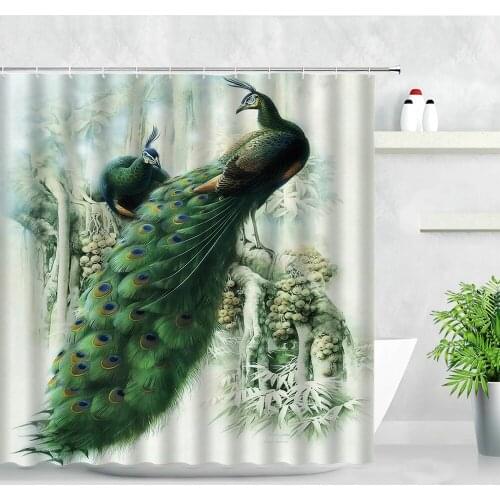 Green Peacocks Shower Curtains Beautiful Feather Bird Standing On The Branch Green Leaves Natural Scenery Decor Bathroom Curtain