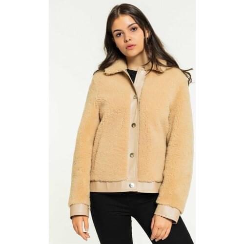 Womens Beige Shearling Jacket Turkey Fur Jacket College Wool Coat Short Leather Jacket Womens Coats