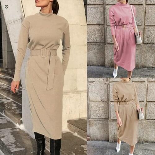 Winter Women Solid Warm Dress Knitted Long Sleeve Midi Dress Fall Chic Streetwear Belt Ladies Work Dresses