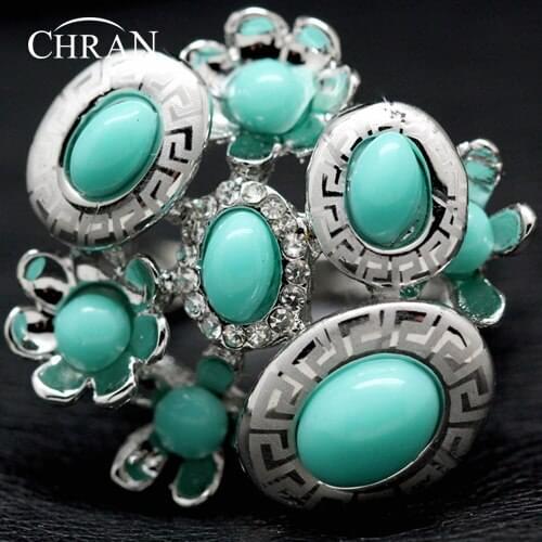 CHRAN Silver Color Vintage Style Oval Blue Stone Rings for Women Classic Ladies Retro Engraving Rings Jewelry