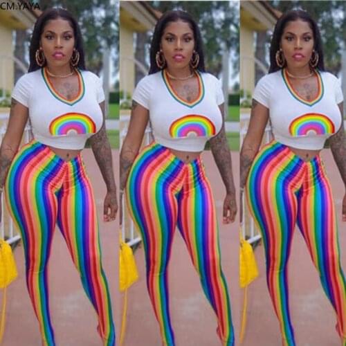 2019 Autumn summer Women Rainbow print v-neck Crop top pencil pants suit two piece set fashion Sexy tracksuit outfit GLH8881