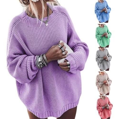 Women Batwing Long Sleeve Sweater O-Neck Oversized Loose Solid Knit Tunic Tops MXMA