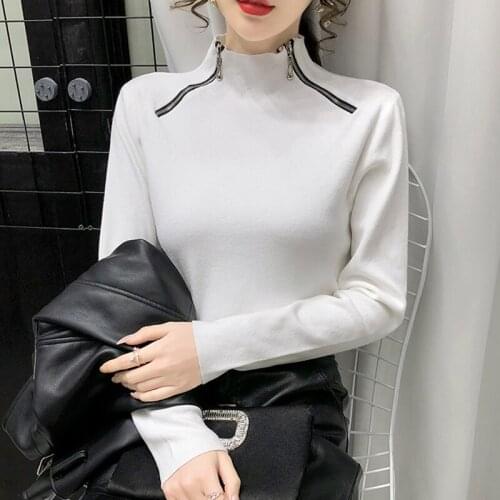 2021 Zipper Half High Collar Pullovers Women Sweater Long Sleeve Slim Elasticity Knitted Female Solid Autumn Winter Jumpers Tops