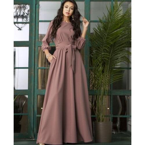 Muslim Women Evening Long Dress Elegant Autumn Casual Sashes Comfortable Loose Ankle Length Lantern Sleeve Plus Size Abaya Robe