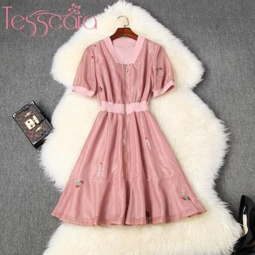 TESSCARA Women Runway Designer Elegant Embroidery Mesh Dress Festa High Quality Short Party Robe Femme Vintage Zipper Vestidos