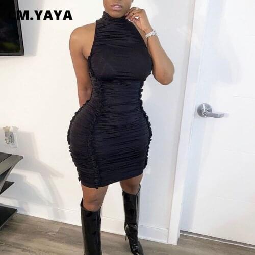 CM.YAYA Women Dress Solid Sleeveless Half High Collar Back Zip Sheath Elastic Stacked Mini Dresses Sexy Night Club Party Dress
