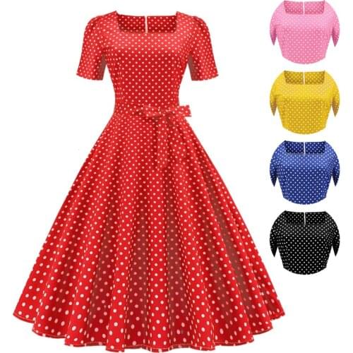 Red Polka Dot Vintage Dress Women Summer Elegant Short Sleeve Square Collar A-Line Midi Party Sundress 50 60s Vestidos Plus Size