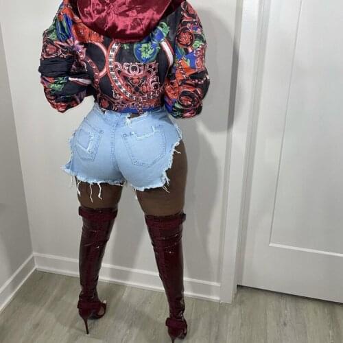 High Waist Irregular Hollow Ripped Shorts Female Stylish Solid Color Sexy Slim Skinny Rough Selvedge Stretch Denim Shorts
