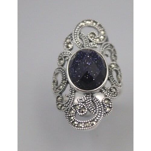 Pure 925 Sterling Silver Ring Width 33mm Blue Sandstone Bead Marcasite Lace Ring For Woman US size 6-10
