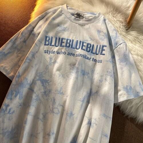 Short Sleeve T-shirts Women Letter Embroidery Tie Dye Oversize Hip Hop Loose Korean Style All-match Students Simple Chic O-neck