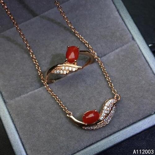 KJJEAXCMY Fine Jewelry 925 sterling silver inlaid natural red coral female ring pendant set trendy Support detection