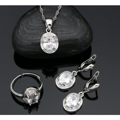 White Crystal 925 Sterling Silver Jewelry Set Bridal Wedding Accessories Classic Earrings Ring Chain Pendants for Women