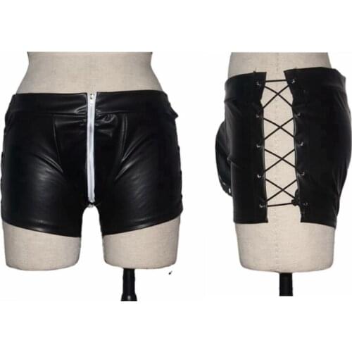 Men Lingerie Latex Drawstring Panties Gay Underpants Leather Boxer Shorts Sissy Sexy Panties Zipper Open Crotch Erotic Underwear