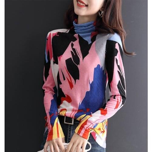 2021 New Women Thin Knitted Tops Womens Autumn Long Sleeve Turtleneck Slim Bottoming Shirt Female Fashion Printed Blouse W756