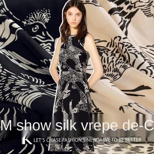 Counter with the same black and white magpie pattern stretch crepe de chine silk fabric mulberry silk shirt dress apparel fabric