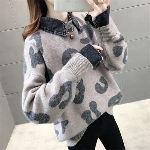 Spring Autumn Fake Two Knit Pullover Women Fashion Casual Loose Print Splice Long Sleeve Slim Ladies Sweaters Pull Femme B125