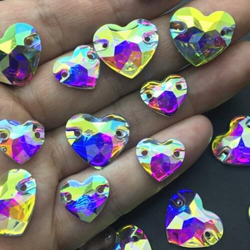 TopStone Crystal AB Heart Resin Crystal Rhinestones Sewing jewelry Beads Flat back 14mm 16mm Sew On Stone