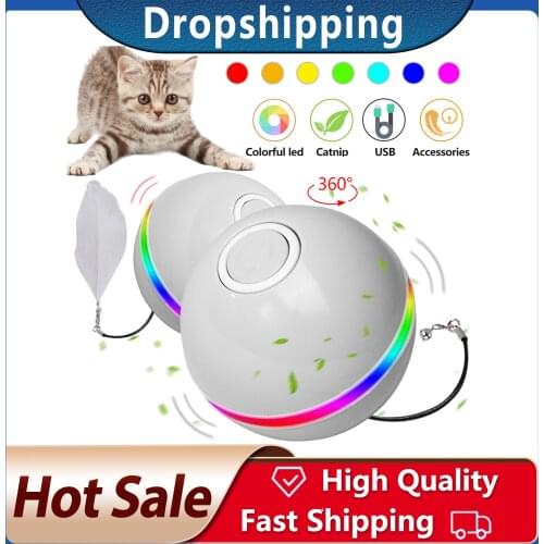 Smart Interactive Cat Toy Ball Colorful LED Self Rotating Ball With Catnip Bell Feather USB Rechargeable Cat Ball Toy Dropship
