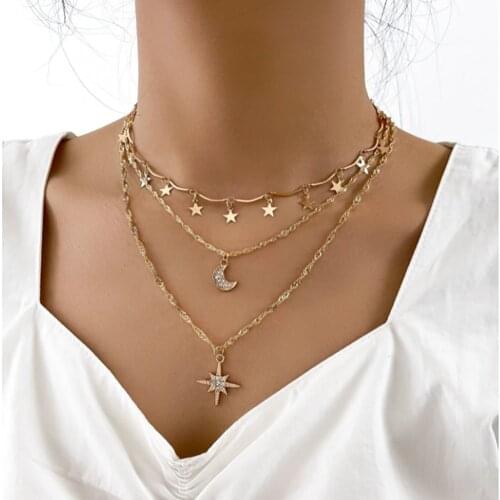 Vintage Multilayer Pendant Star Moon Necklace for Women Butterflies Charm Choker Pendant Necklaces Boho Fashion Jewelry Gift