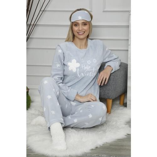Sleepwear House Blue Hello Winter Patterned Women 'S Plush Pajamas set