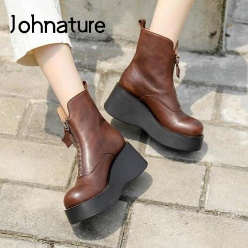 Johnature 2021 New Ankle Women Boots Zip Genuine Leather Women Shoes Round Toe Wedges Winter Handmade Leisure Platform Boots