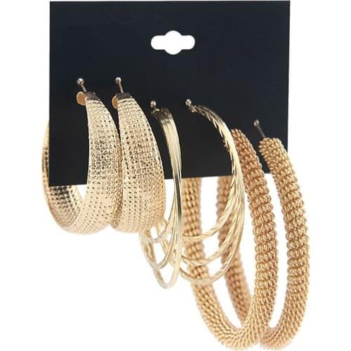 Women Fashion Round Gold Color Style Exaggerated Gold 3 Pairs Of Hoop Earrings Set Party Jewelry Accessories