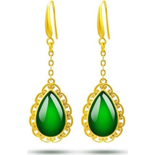 Women Earrings 14K Gold Drop Earring Water Droplet Agate Stone Gemstone Earrings Green Emerald Jade Earrings Jewelry Female Gift