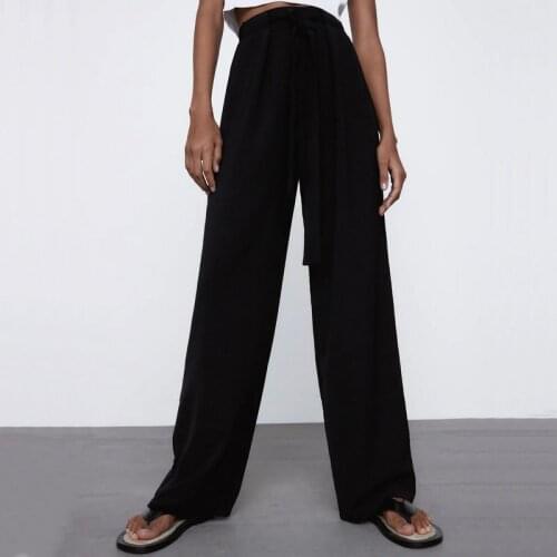 2021 New Summer Women Elegant Elastic High Waist Wide Leg Loose Drawstring Pants Ladies Casual Design Black Trousers Joggers